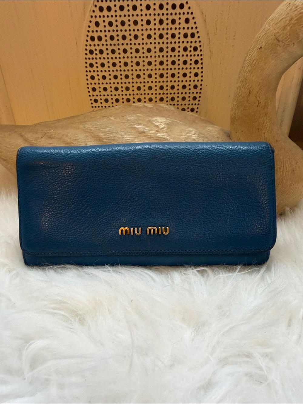 Miu Miu Blue Pebbled Leather Continental Wallet with Gold Logo